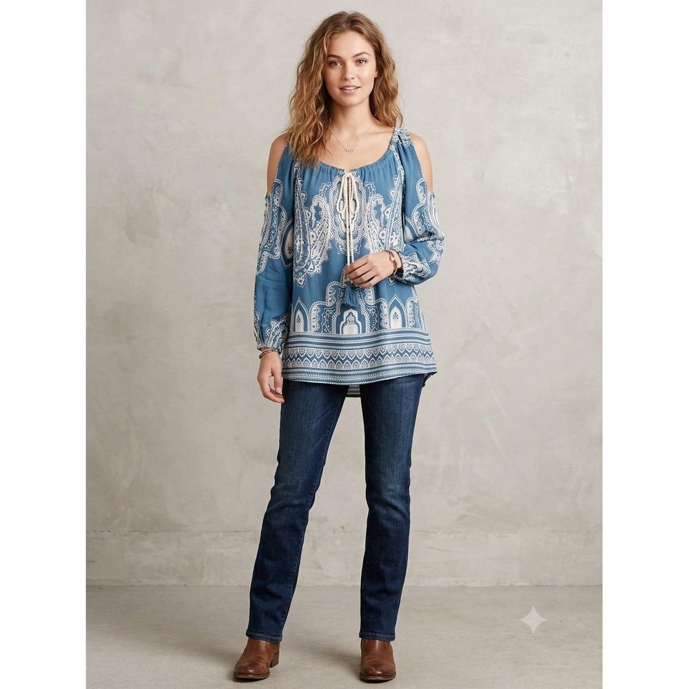 BOHO Cold Shoulder Paisley Top Tunic Balloon Sleeves Sz M Tassels Nostalgia NWOT
